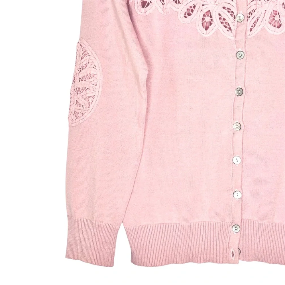 Sundance Pink Cotton Crochet Lace Inset Button Up Cardigan